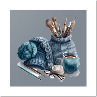 Cozy Knitting Tools & Coffee Posters and Art